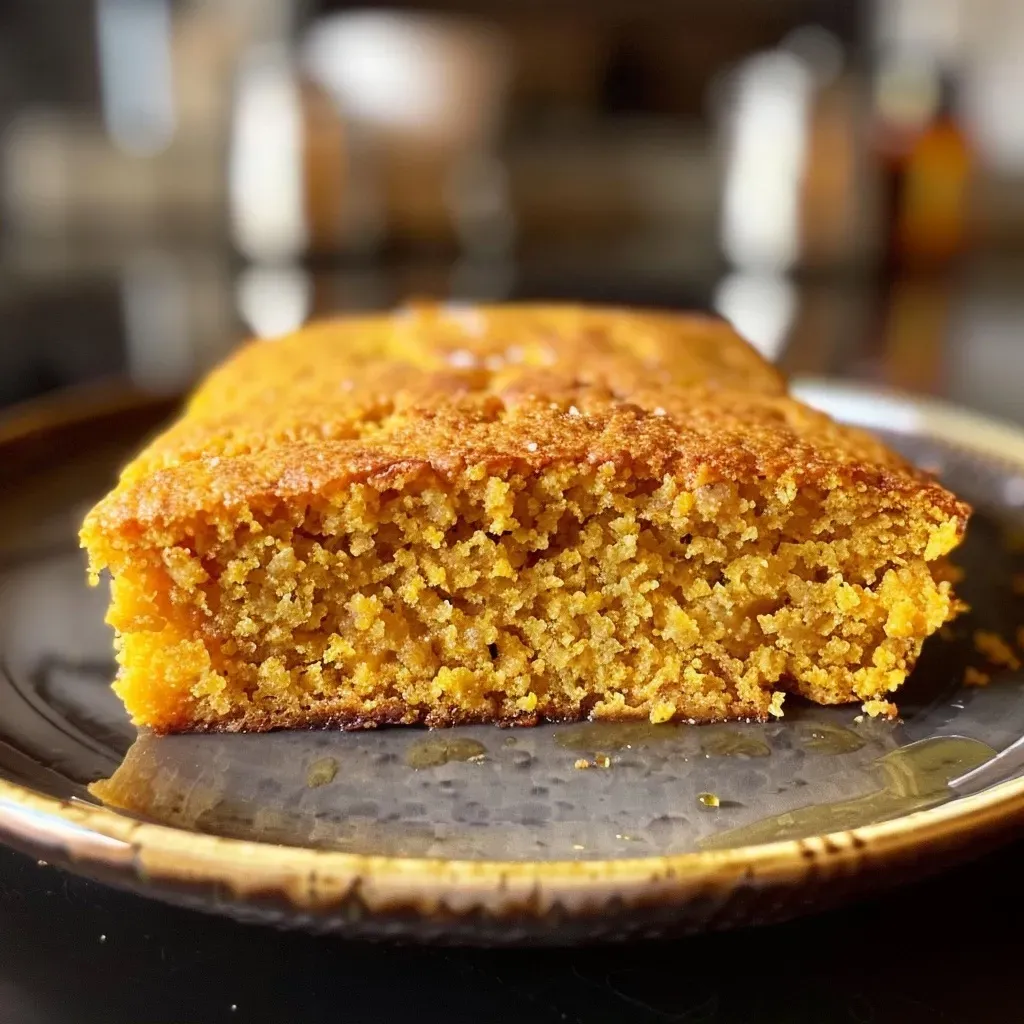 Side view of freshly baked Sweet Potato Cornbread with a drizzle of honey, highlighting its moist interior.