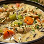 Close-up view of creamy Chicken Wild Rice Soup with chunks of chicken and vegetables.