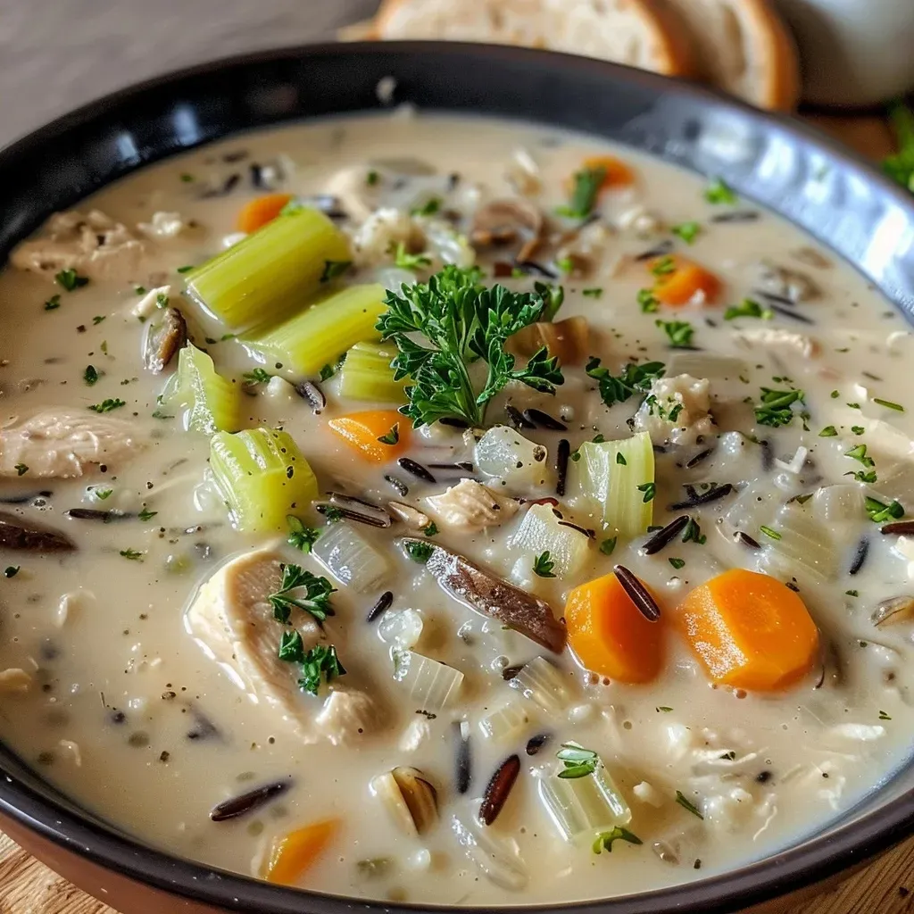Side view of a warm bowl of Chicken Wild Rice Soup, garnished and ready to serve.