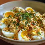 Close-up side view of a plate of Ginger-Chili Deviled Eggs topped with a sprinkle of chili flakes.