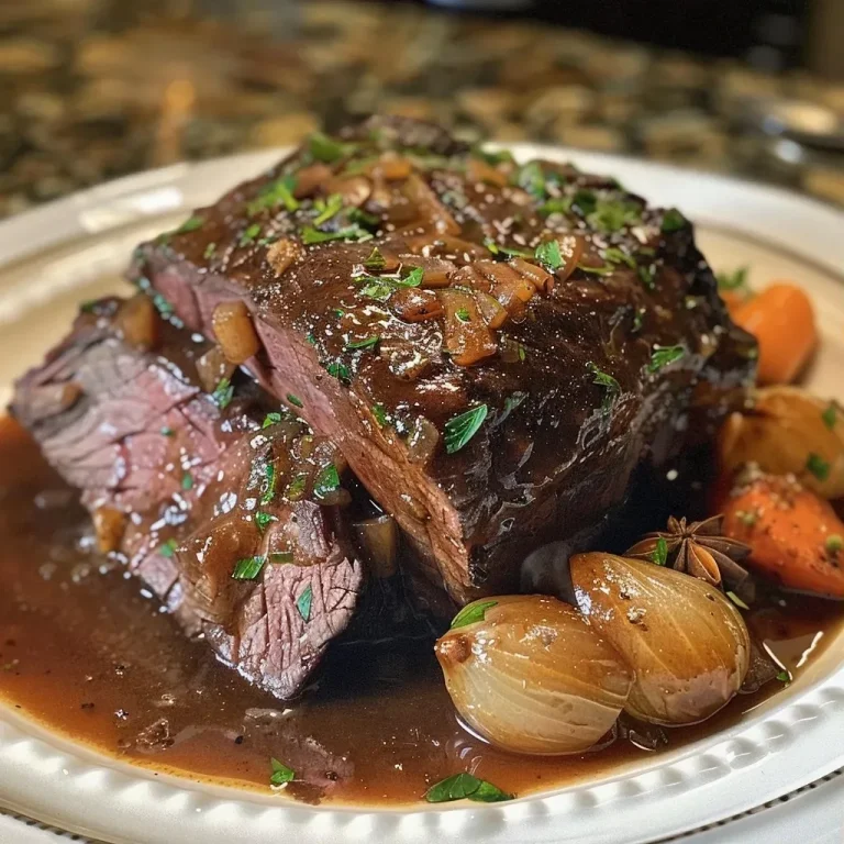 Herzhafter Ingwerbrot-Gewürz-Rinderbraten mit Karotten – Ein Fest für die Sinne Close-up view of a gingerbread-spiced cider pot roast with carrots and pearl onions.