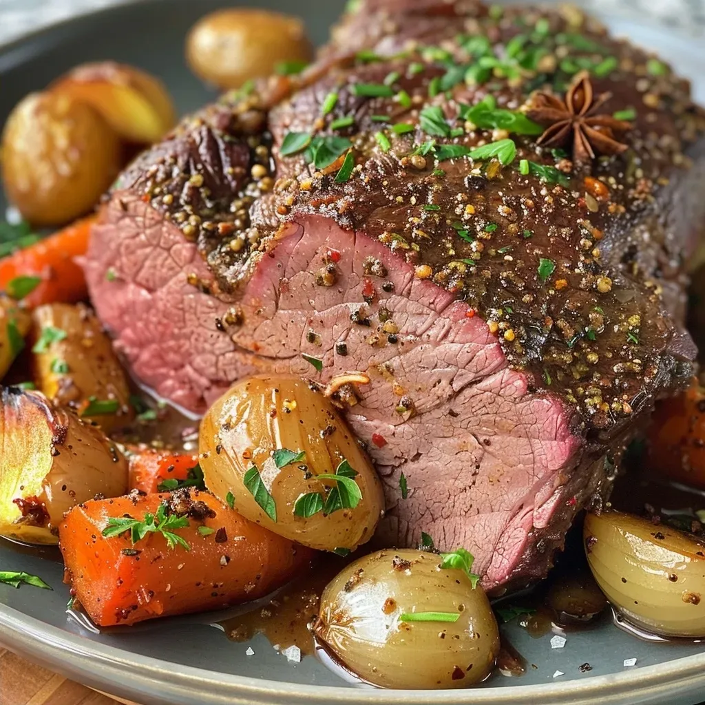 Juicy beef chuck roast seasoned with gingerbread spices, garnished with parsley and served with vegetables.