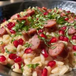 A close-up view of creamy Italian sausage risotto garnished with pomegranate seeds and fresh basil.