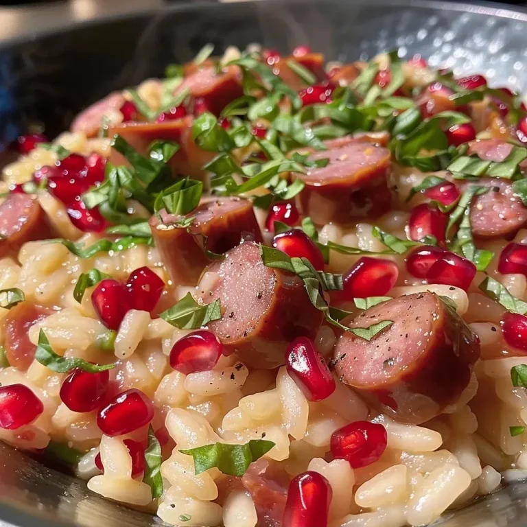Italienisches Risotto mit Wurst und Granatapfel – Ein Fest der Aromen A close-up view of creamy Italian sausage risotto garnished with pomegranate seeds and fresh basil.
