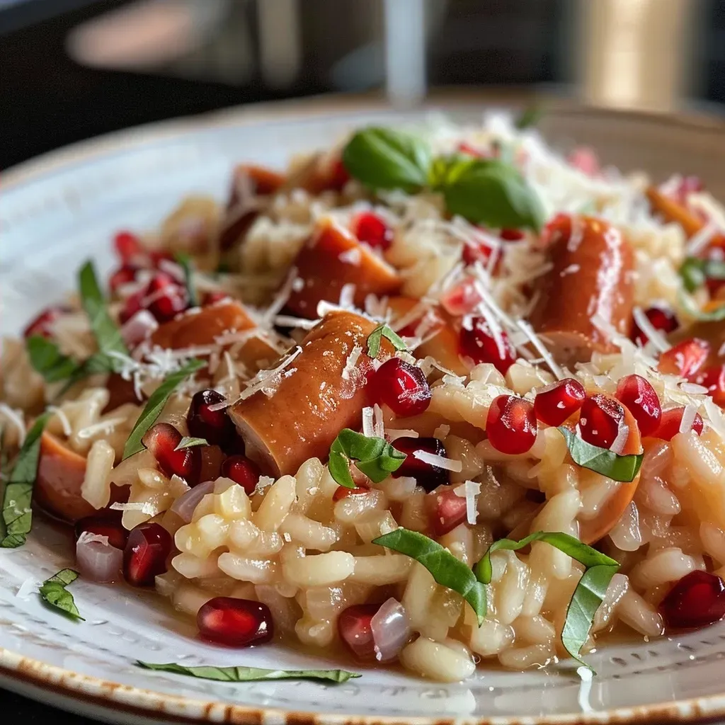 Side view of a bowl of Italian risotto, featuring slices of sausage and vibrant pomegranate seeds.