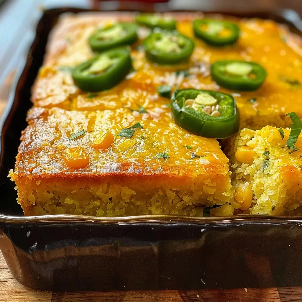 Side angle of a piece of moist jalapeno cornbread with jalapeno slices on top.