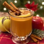 Close-up view of a glass filled with Caramel Apple Wassail against a blurred background.