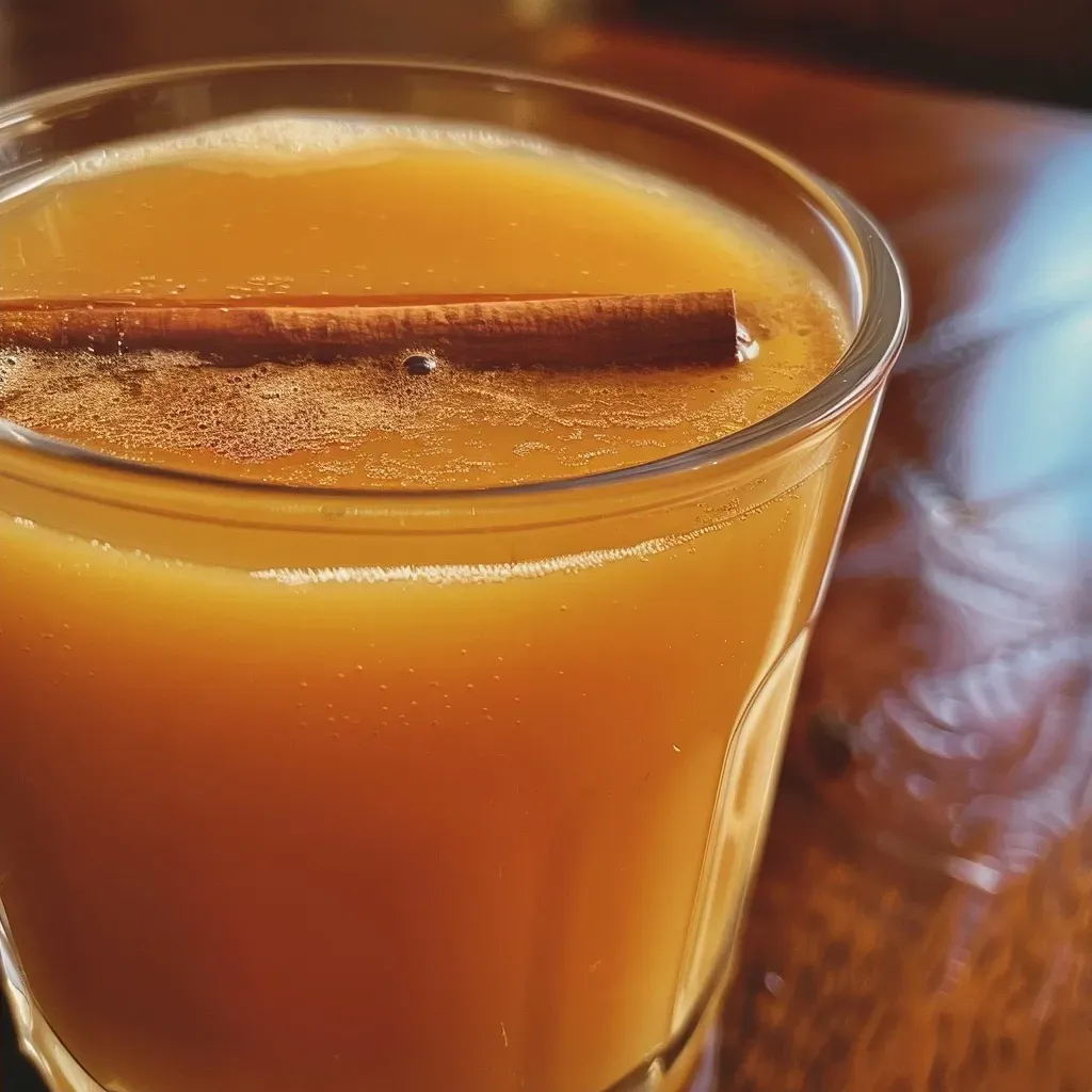 Side angle shot of a warm Caramel Apple Wassail drink, garnished with spices.