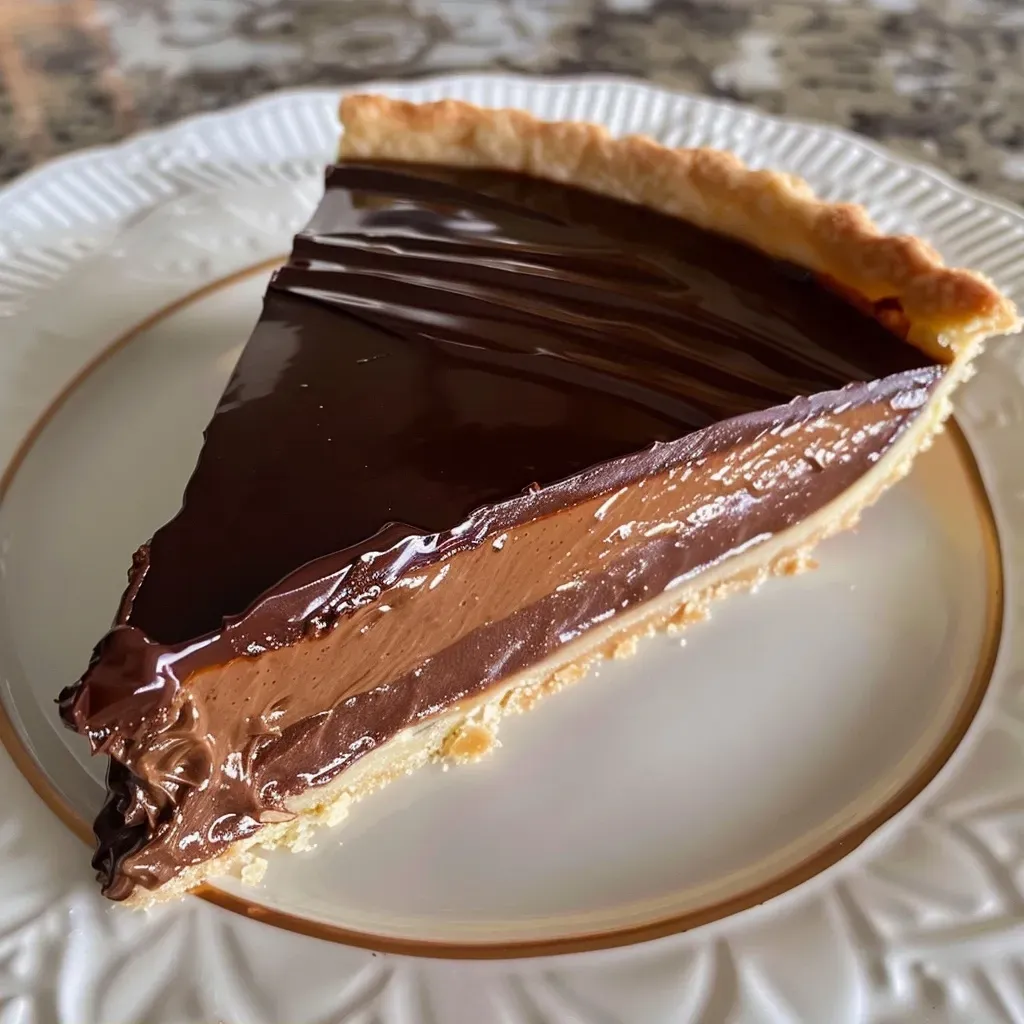 Close-up of a decadent chocolate ganache tart topped with flaky sea salt and caramel drizzle.