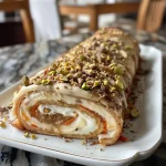 A close-up side view of a carrot cake roll filled with cream cheese frosting, topped with chopped pistachios.