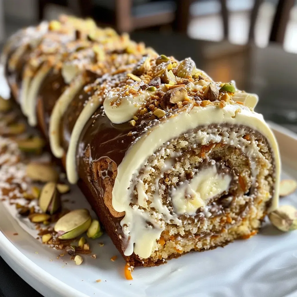 A detailed view of a juicy carrot cake roll, showcasing the cream cheese filling and powdered sugar on top.