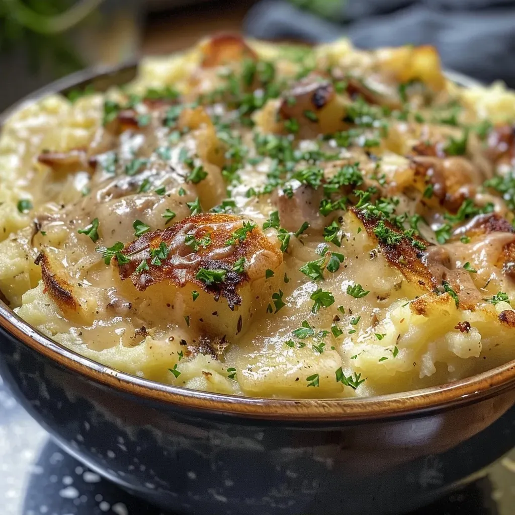 Side angle of mashed potato stuffing served in a rustic dish, showcasing texture and ingredients.