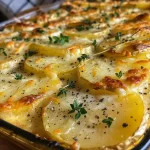 Close-up of cheesy potato gratin with golden brown top and layers of potatoes.