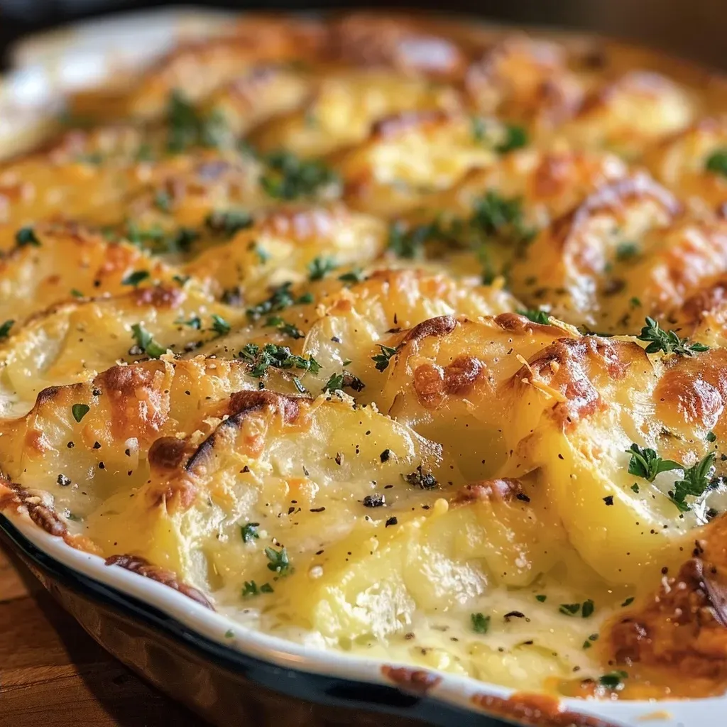 Side view of a creamy potato gratin, showcasing melted cheese and delicate herbs.
