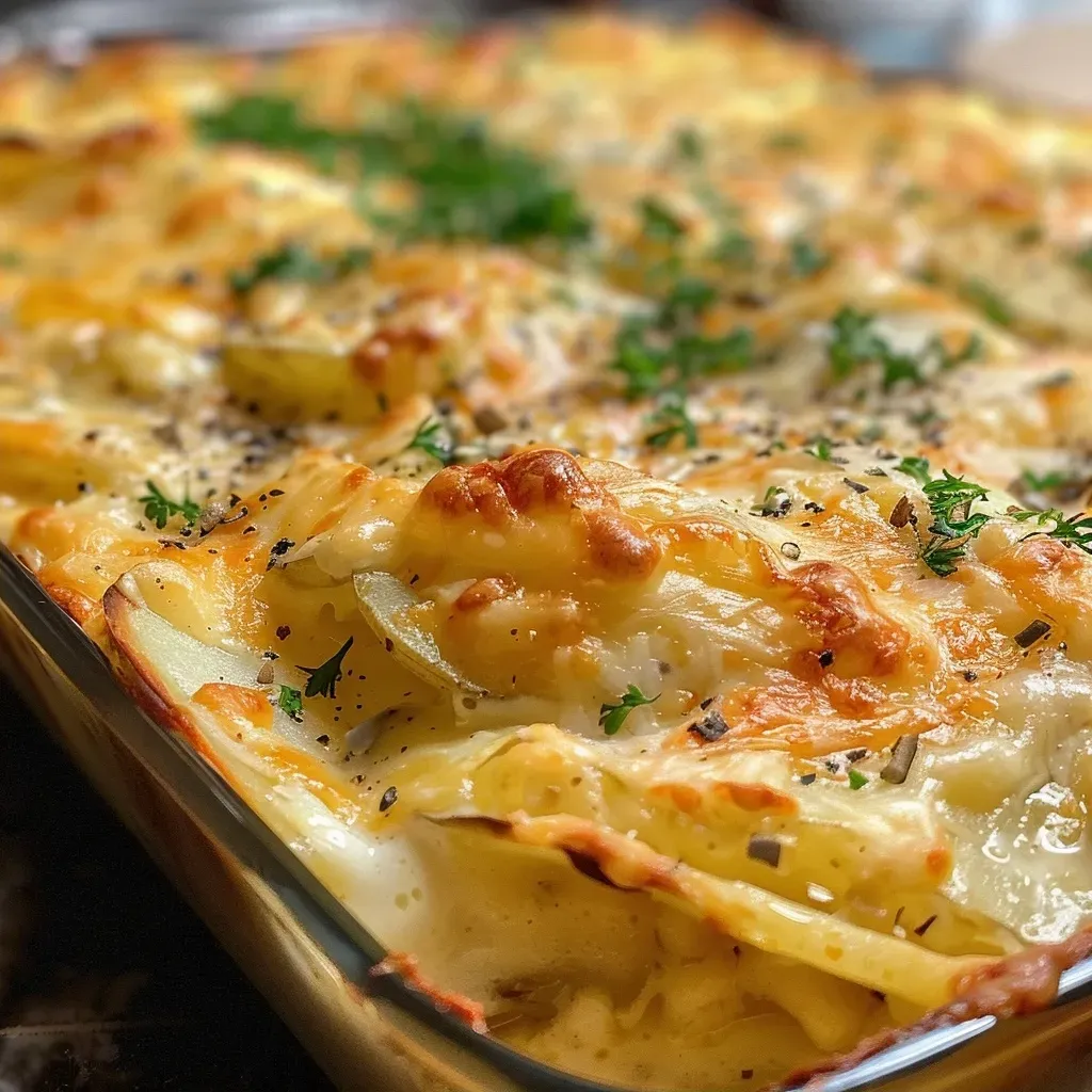 A side view of delicious cheesy scalloped potatoes, with a rich, creamy texture and topped with parsley.
