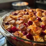 Close-up view of overnight cherry bread pudding topped with a shiny vanilla balsamic glaze.