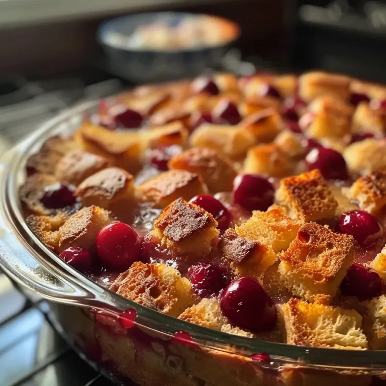 Himmlischer Kirschenbrotauflauf mit Vanille-Balsamico-Glasur Close-up view of overnight cherry bread pudding topped with a shiny vanilla balsamic glaze.