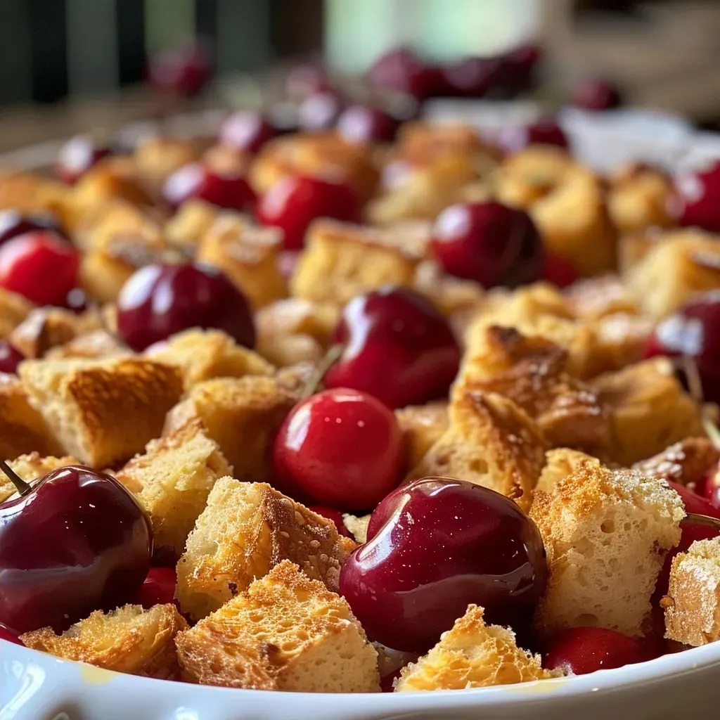 Side angle photo of baked cherry bread pudding served in a creamy glaze.