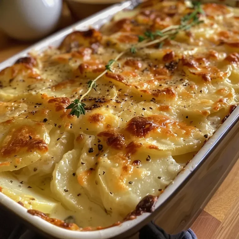 Kartoffelgratin: Ein Genuss, der Herzen Erwärmt Close-up view of golden-brown potato gratin with visible layers of cheese and potatoes.