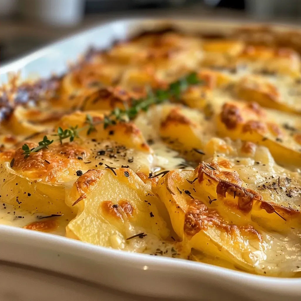 Side view of a creamy potato gratin, showcasing its rich, melted cheese topping.