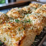 Close-up view of garlic parmesan bread with a golden crust and melted cheese.