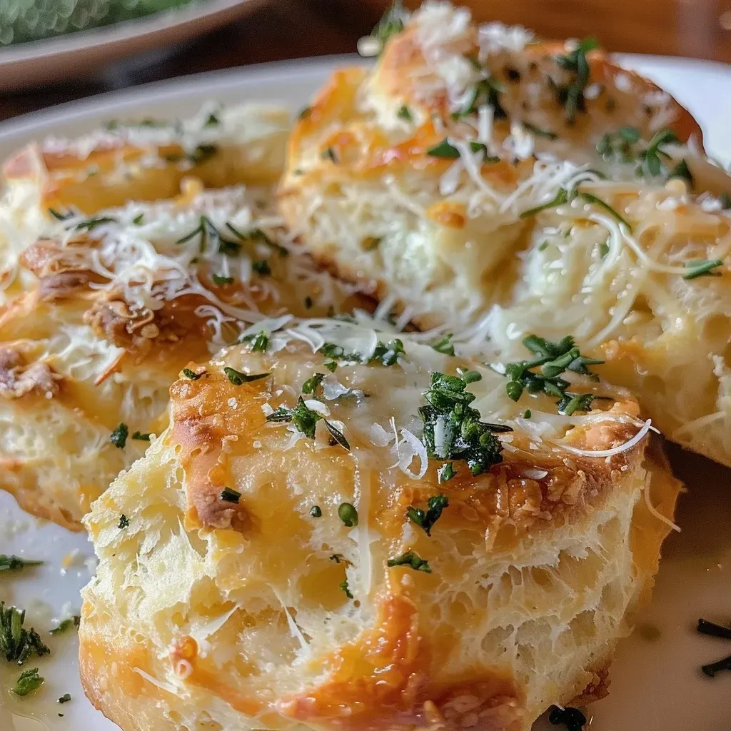 Side view of a basket filled with freshly baked garlic parmesan bread rolls.
