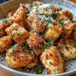 Close-up view of juicy garlic Parmesan chicken skewers on a plate.