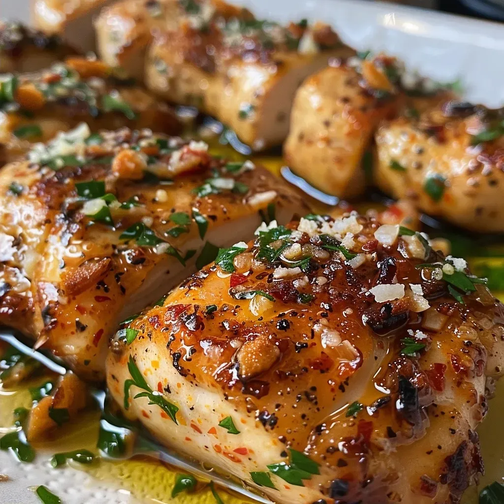 Side view of succulent chicken skewers coated in garlic and Parmesan.
