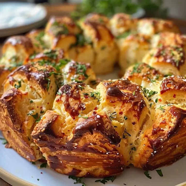 Knoblauch Parmesan Monkey Bread – Ein Genuss für die ganze Familie Close-up view of golden, flaky garlic Parmesan monkey bread.
