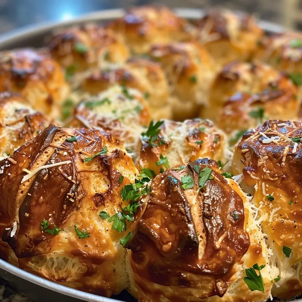 Side perspective of a cheesy, herb-infused monkey bread loaf.
