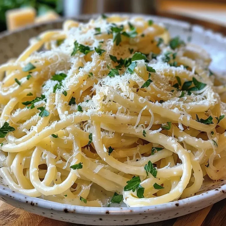 Ein Topf, voller Genuss: Knoblauch Parmesan Pasta für jeden Tag Close-up view of a creamy garlic Parmesan pasta dish garnished with fresh parsley.