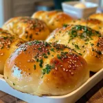 Close-up view of golden-brown garlic butter dinner rolls with a glossy finish.