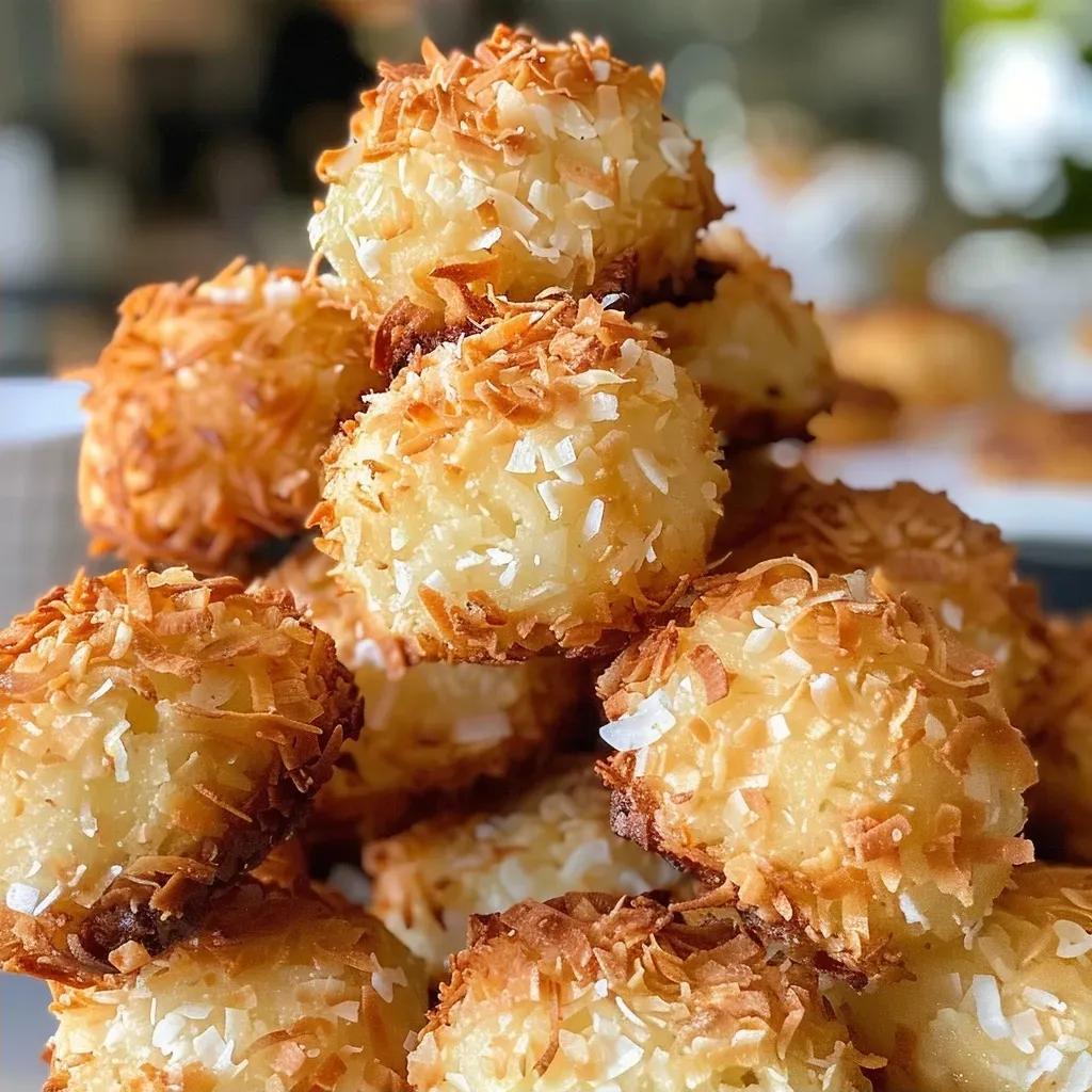 Side view of delicious coconut balls, lightly toasted and glistening, set against a neutral background.