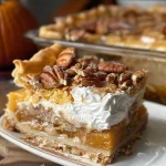 Close-up of a slice of Pumpkin Praline Pie with golden phyllo crust, topped with pecans.