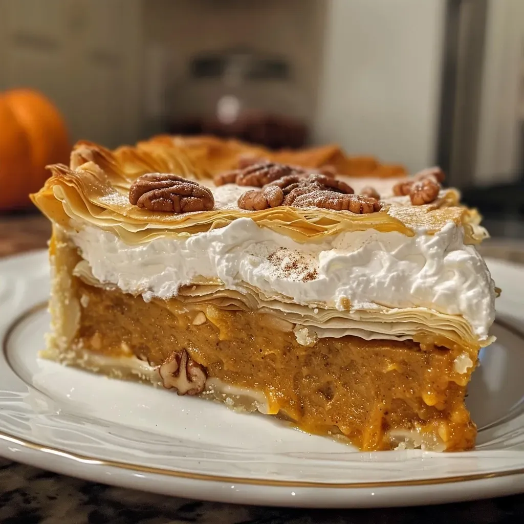 Side view of a delicious Pumpkin Praline Pie, showcasing its flaky phyllo layers and pumpkin filling.