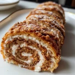Close-up view of a pumpkin roll filled with coffee cream, showcasing its layered texture and vibrant colors.