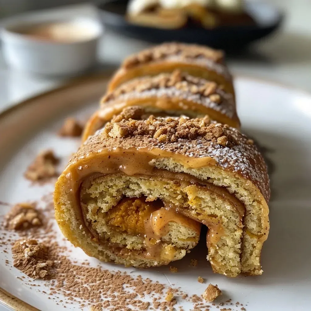 Side view of a delicious Kürbisrolle with a creamy coffee filling, highlighting its smooth surface and dusting of powdered sweetener.