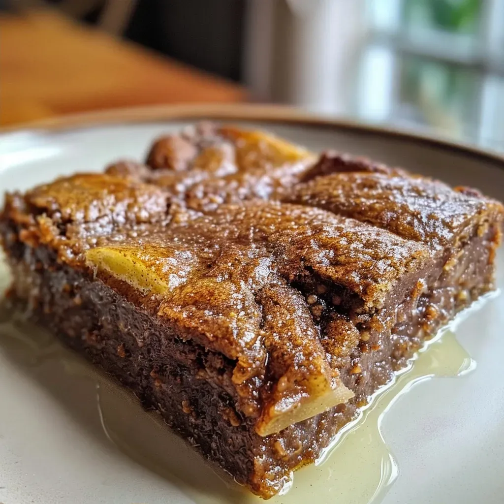 Side angle of a warm gingerbread bread pudding, showcasing its texture and ingredients.