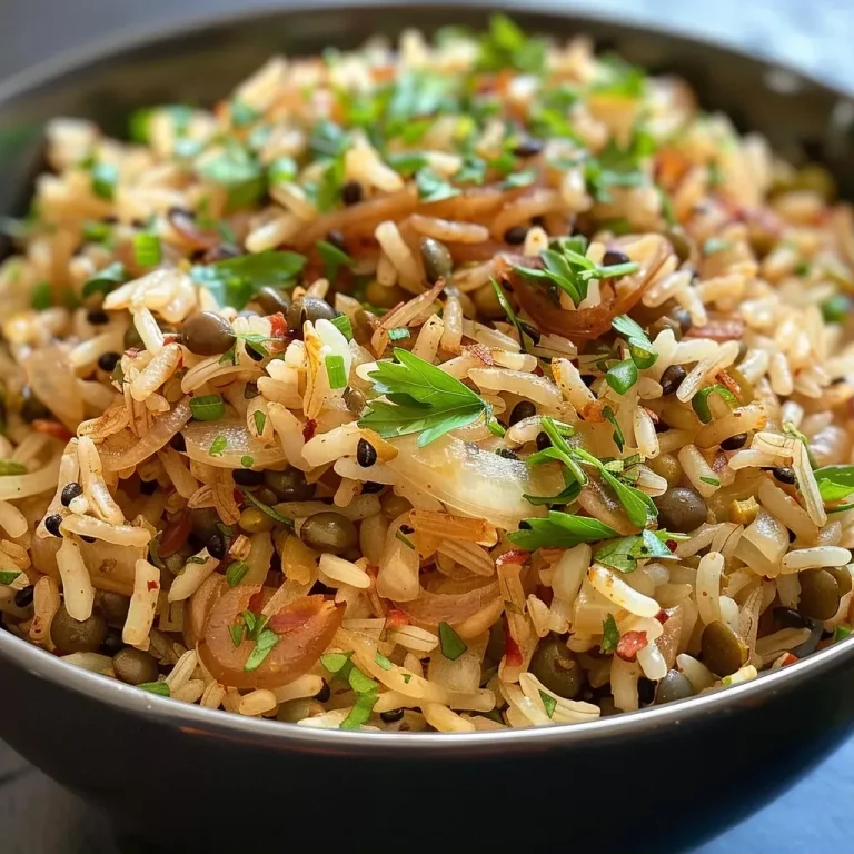 Linsen-Reis-Pilaf mit karamellisierten Zwiebeln – Ein herzhaftes Genussrezept Close-up view of Mujadara, showcasing lentils and rice topped with caramelized onions.