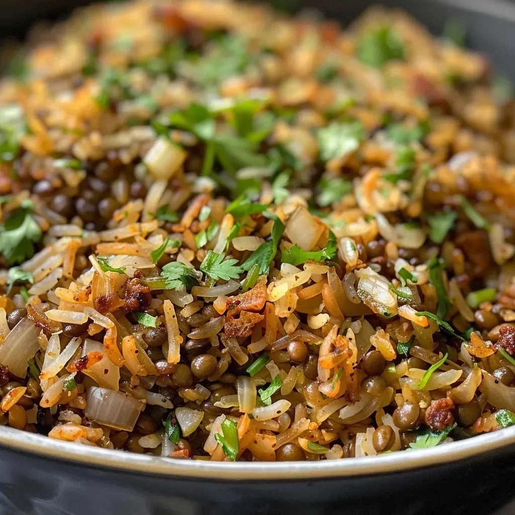Side view of a vibrant Lentil and Rice Pilaf dish, garnished with golden onions.