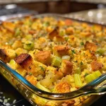 Close-up of golden-brown cornbread dressing with herbs and vegetables.