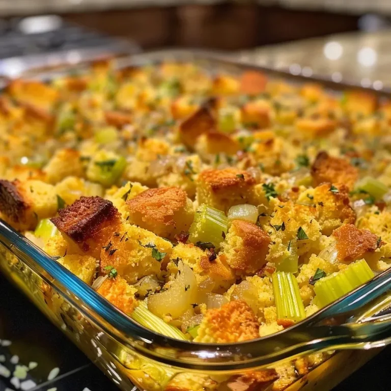 Herzhaftes Maisbrot-Dressing – Traditionell und Einfach Zubereitet Close-up of golden-brown cornbread dressing with herbs and vegetables.