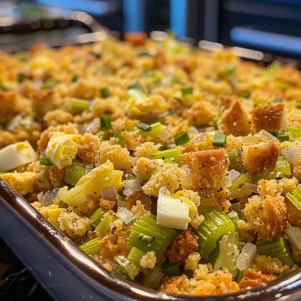 Side view of a serving of cornbread dressing showcasing its texture and ingredients.