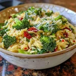 Close-up of creamy Marry Me Orzo with broccoli and sun-dried tomatoes.