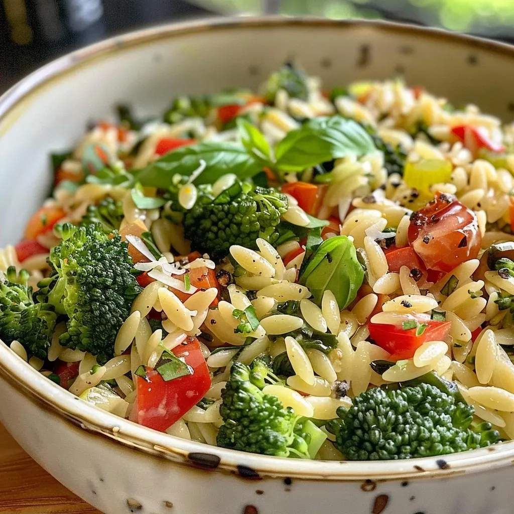 Side view of a bowl filled with Marry Me Orzo, highlighting its colorful ingredients.