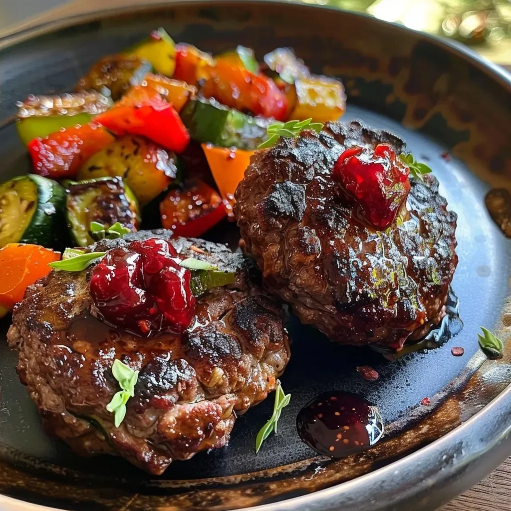 Juicy mini beef meatballs on skewers with colorful bell peppers and zucchini.
