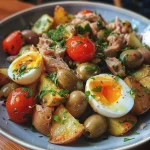 A close-up side view of a Niçoise salad platter featuring vibrant ingredients.