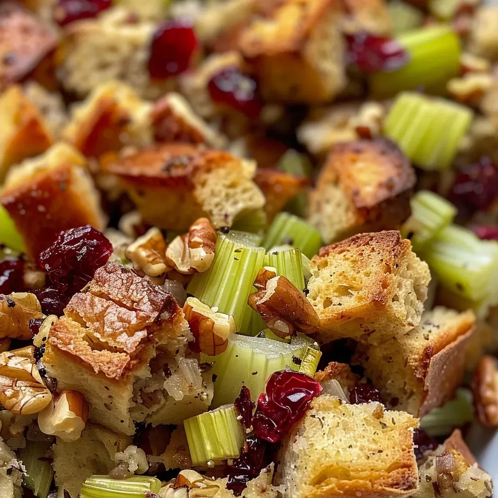 Side view of a serving of cranberry walnut stuffing, showcasing dried cranberries and walnuts.