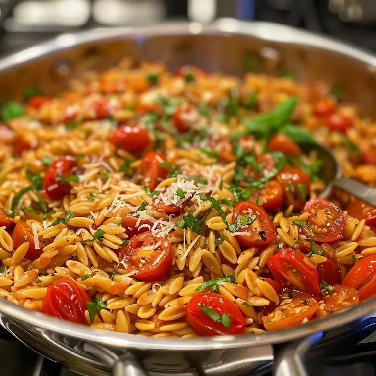 Ein Topf, voller Genuss: Orzo mit Kirschtomaten und Sahne Close-up of a bowl of One-Pot Cherry Tomato Orzo with vibrant tomatoes and creamy sauce.