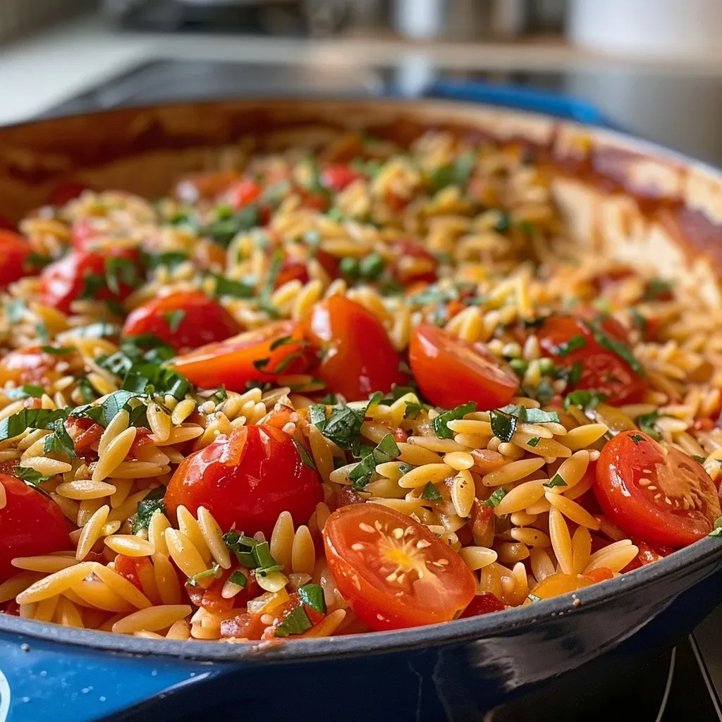 Side view of a delicious serving of orzo pasta with cherry tomatoes and herbs.